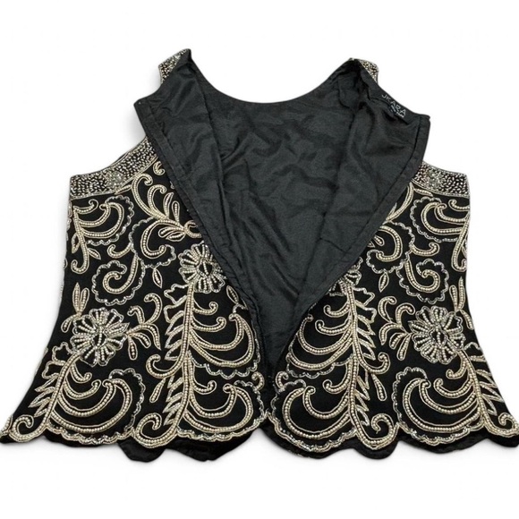 JKARA Black Gold Beaded Tank Top L Scallop Hem Cocktail Party Art Deco Glam - Picture 4 of 8
